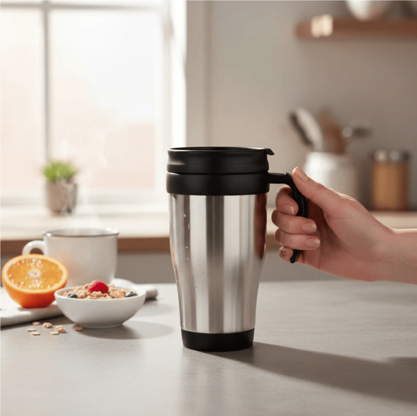 Classic Stainless Steel Travel Mug with Handle (400ml / 15oz) - Image 2