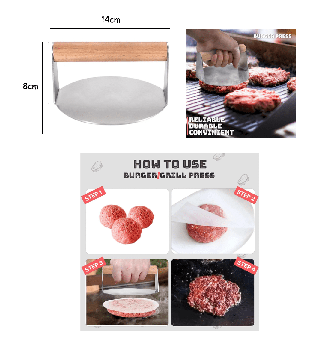 Heavy-Duty Stainless Steel Smash Burger Press (14cm) - Image 2