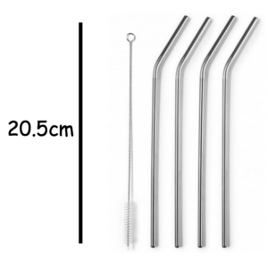 20.5cm Bent Stainless Steel Straw Set (4 Straws + 1 Cleaning Brush)