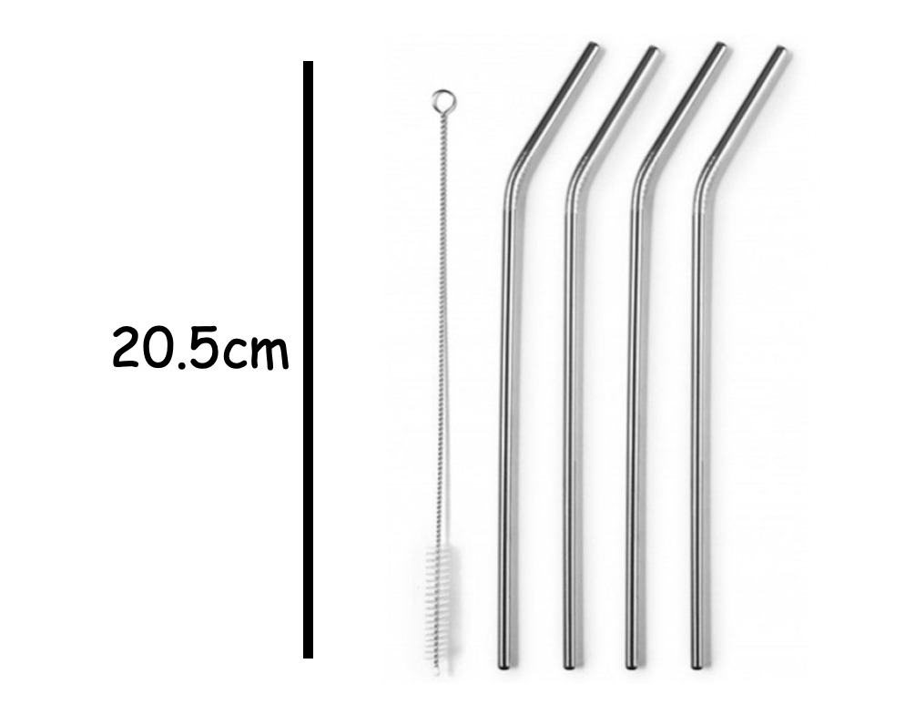 20.5cm Bent Stainless Steel Straw Set (4 Straws + 1 Cleaning Brush)