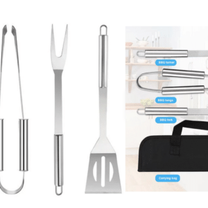 3-Piece Stainless Steel BBQ & Braai Tool Set with Storage Case